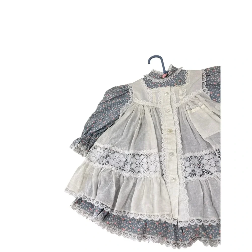 VTG Bryan Toddler Girls Floral Prairie Dress with White Lace Pinafore Apron 2T